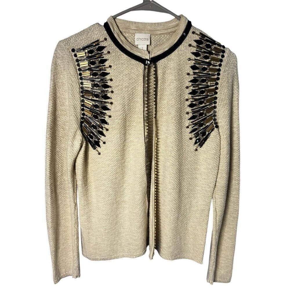 Chicos Cardigan Jacket Women 1 Beige Black Gold Embellished Beaded